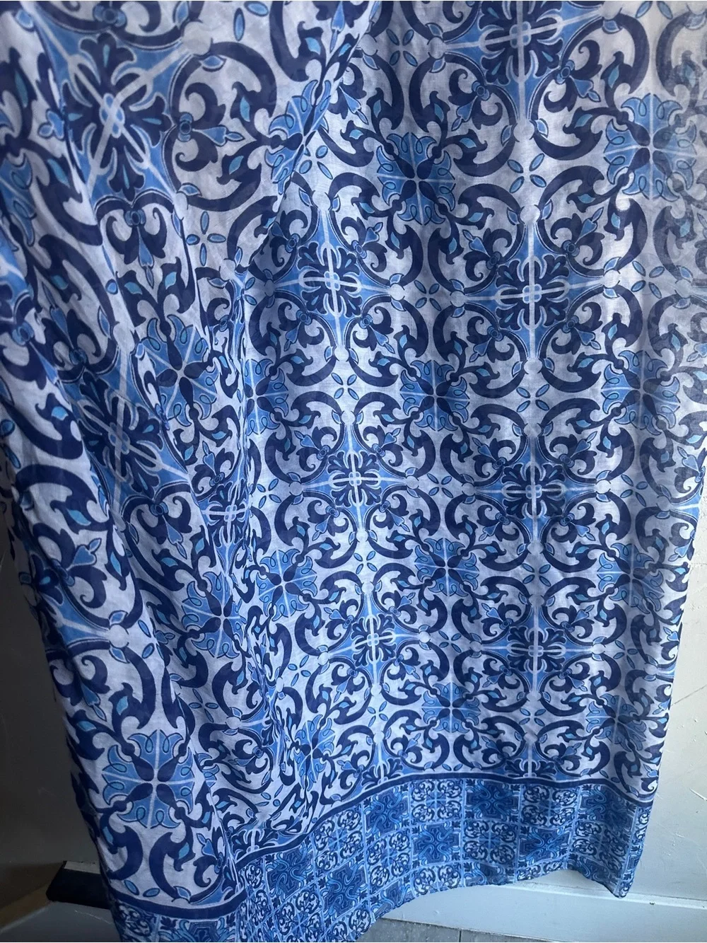 Blue Tile Print Scarf Wrap Blue White Mediterranean Boho Euro Summer 104x78